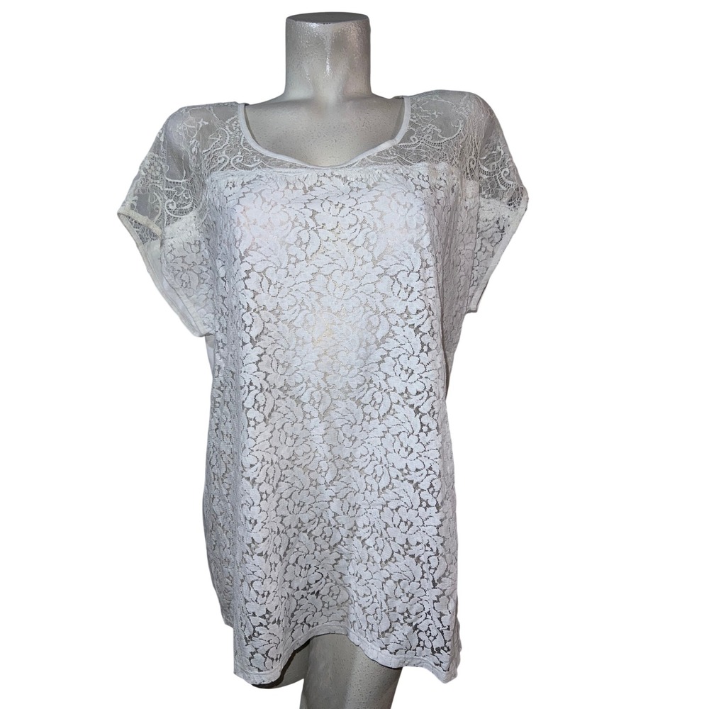 Chicos White Floral Lace Front Scoop Neck Cap Sleeve Top Size‎ 3 XL